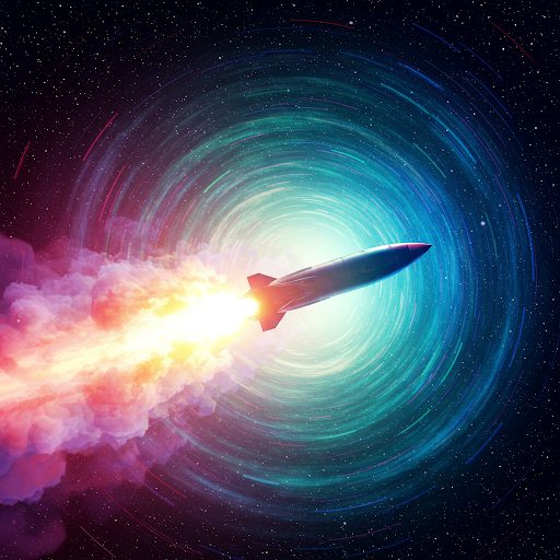 A rocket accelerating through a spiral of stars