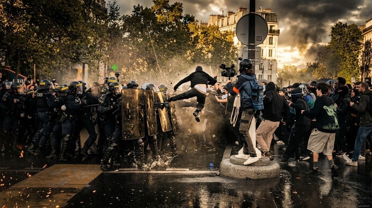 Riot police behind a wall of shields face a crowd of young protesters on a wet city street, smoke in the air, one protester leaping feet first at the shields.